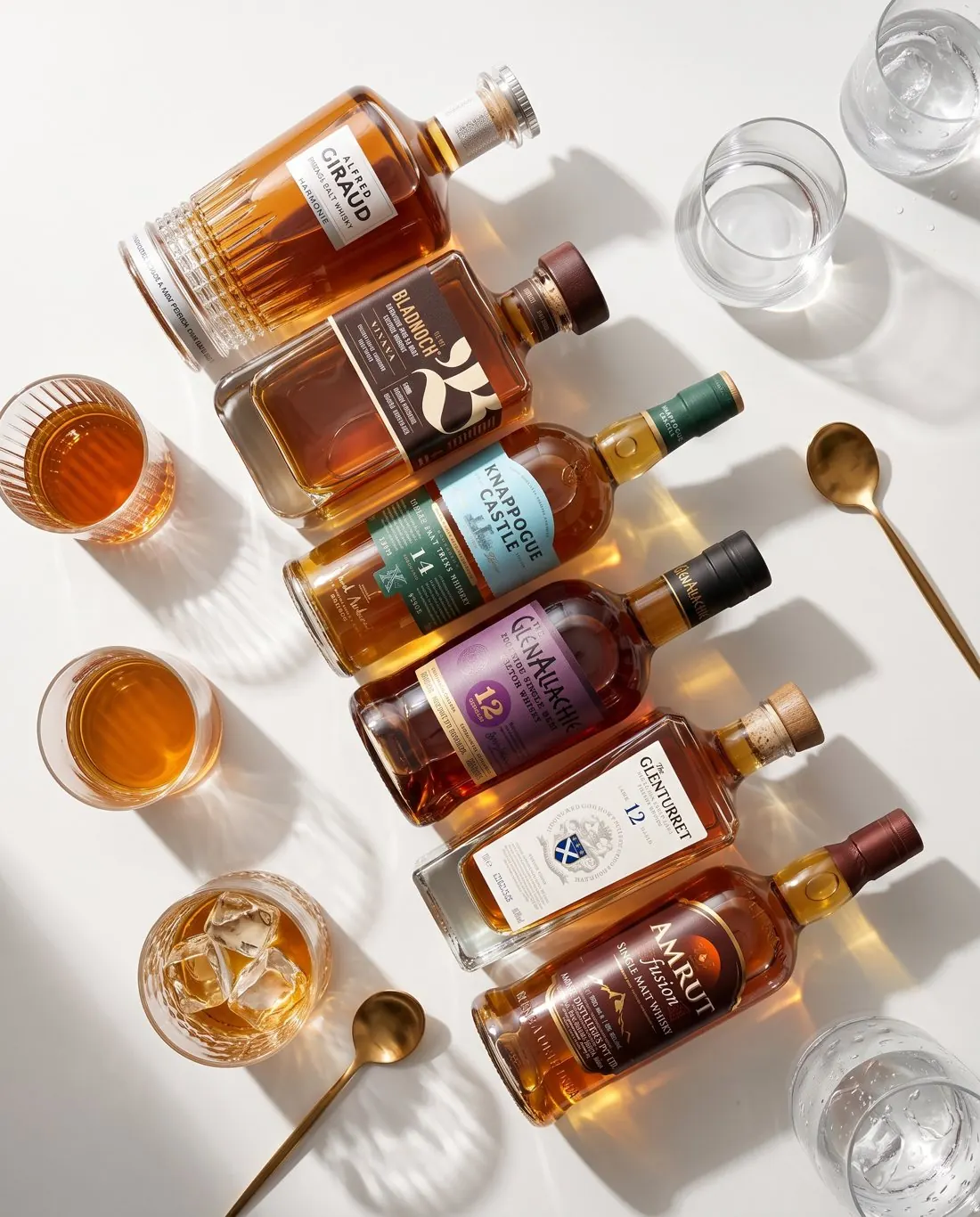 Alfred Giraud, Bladnoch, Knappogue Castle, The GlenAllachie, The Glenturret and Amrut Fusion bottles laid side by side with whisky glasses and gold spoons