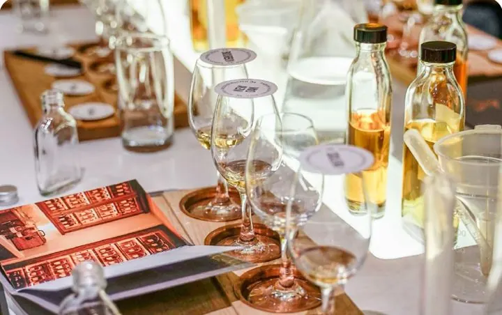 Whisky tasting set-up with nosing glasses