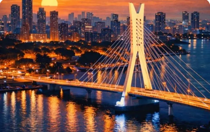 City skyline and cable-stayed bridge at dusk